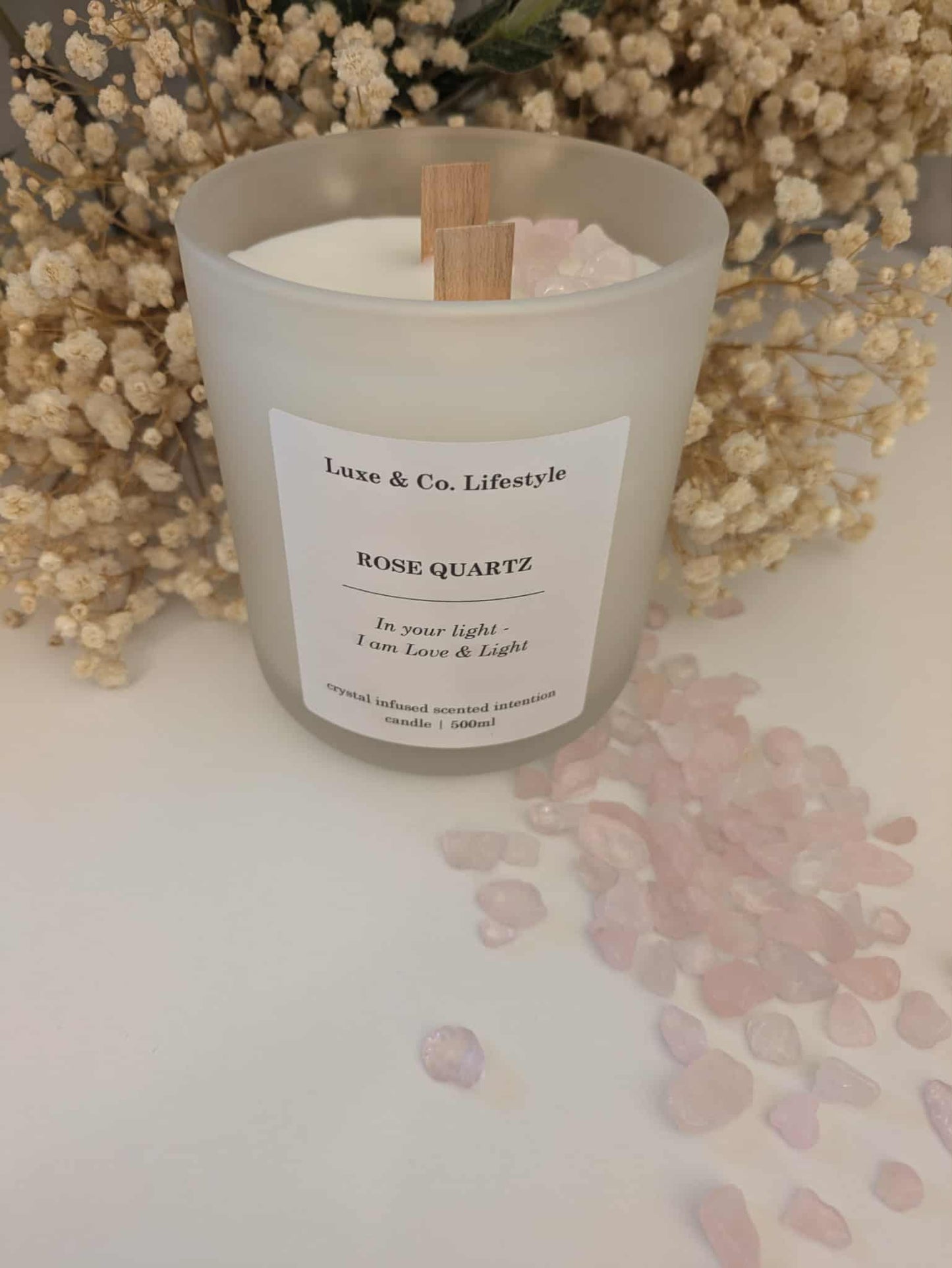 ROSE QUARTZ Crystal Infused Intention Candle - Love & Light