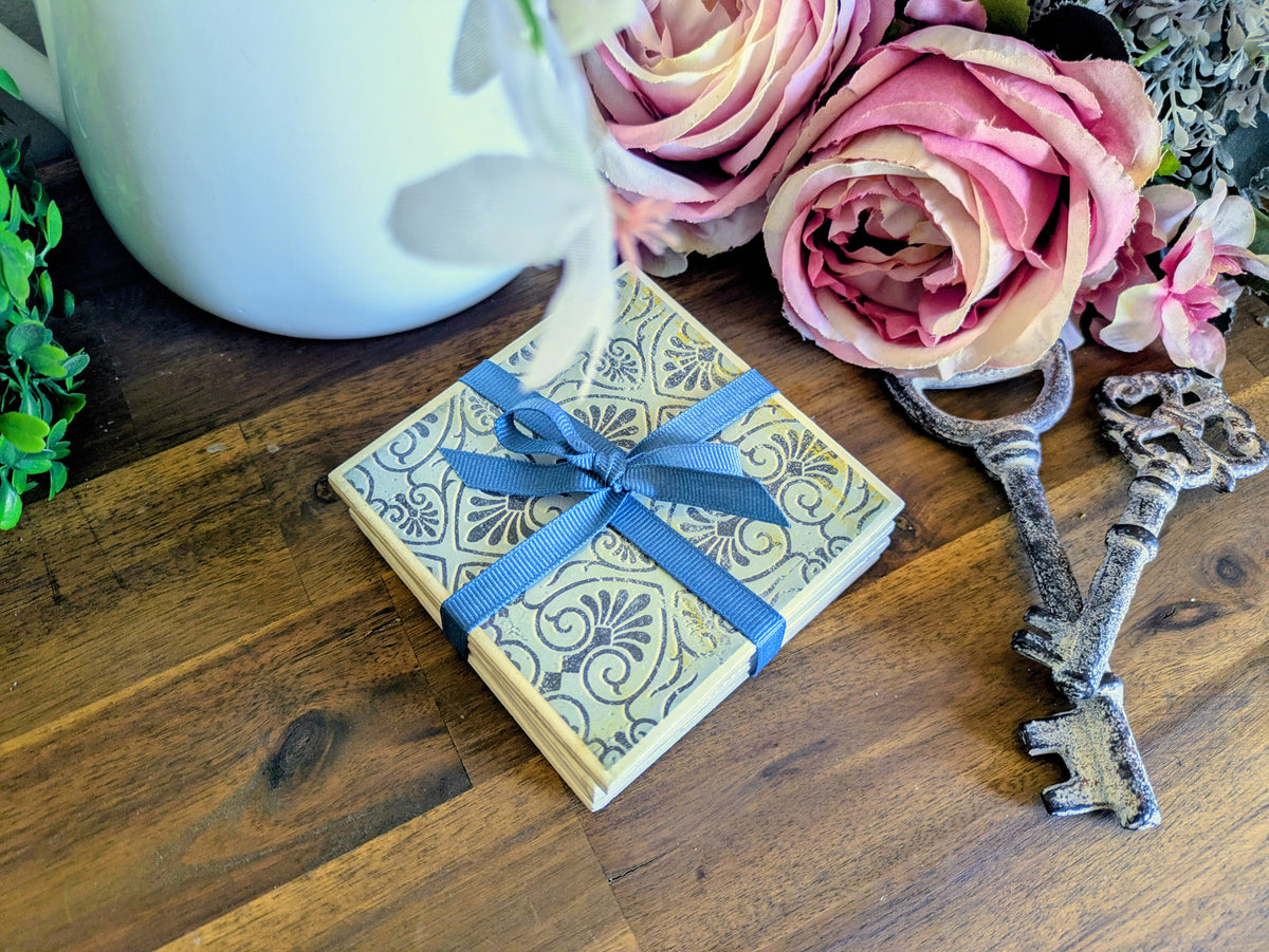 Hand Crafted Ceramic Coaster - Vintage Blue Paisley Pattern Set of 4x
