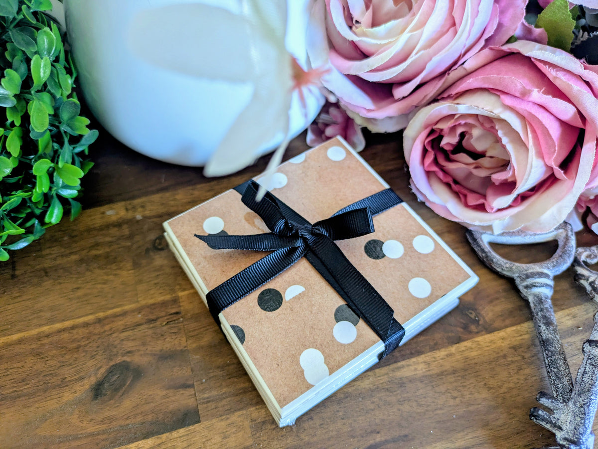 Hand Crafted Ceramic Coaster - Vintage Black & White Polka Dot Pattern Set of 4x