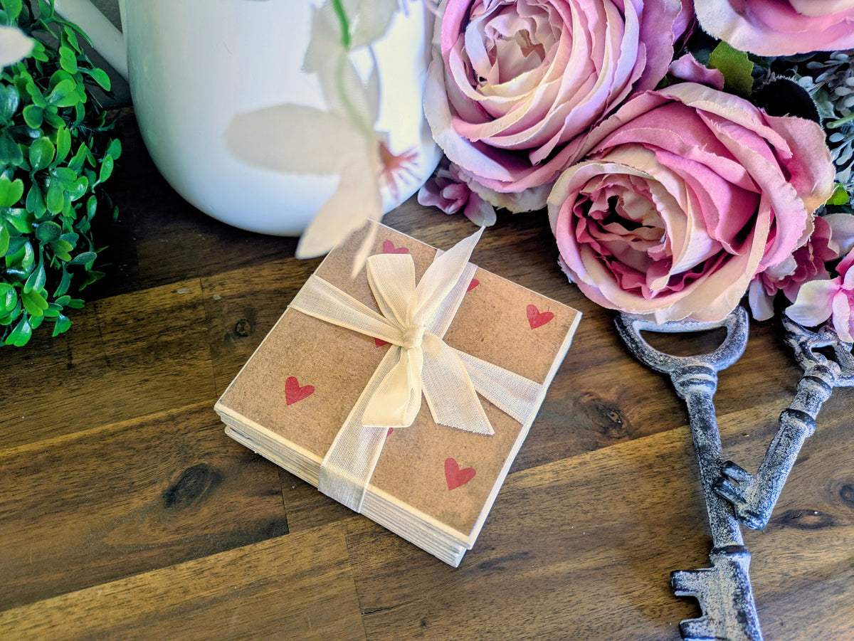 Hand Crafted Ceramic Coaster - Vintage Love Heart Pattern Set of 4x