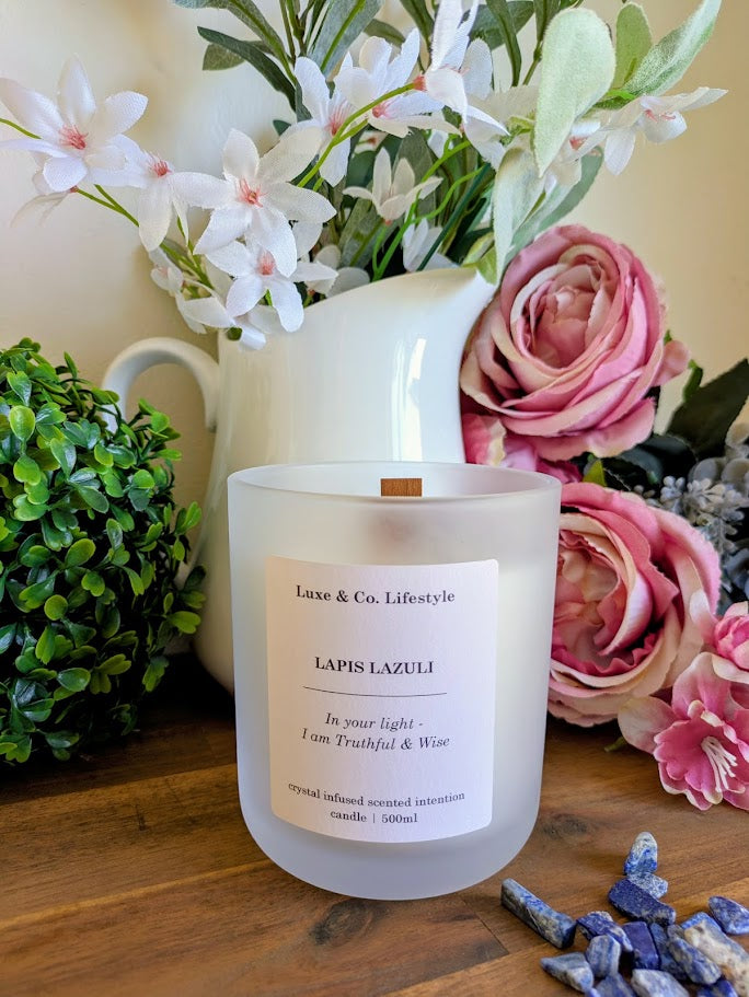 LAPIS LAZULI Crystal Infused Intention Candle - Truthful & Wise