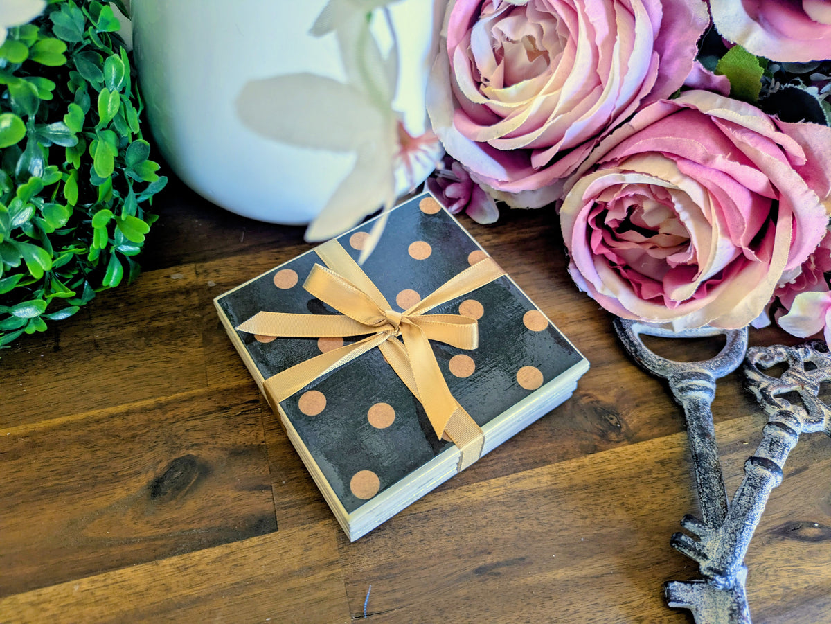 Hand Crafted Ceramic Coaster - Vintage Black & Gold Polka Dot Pattern Set of 4x