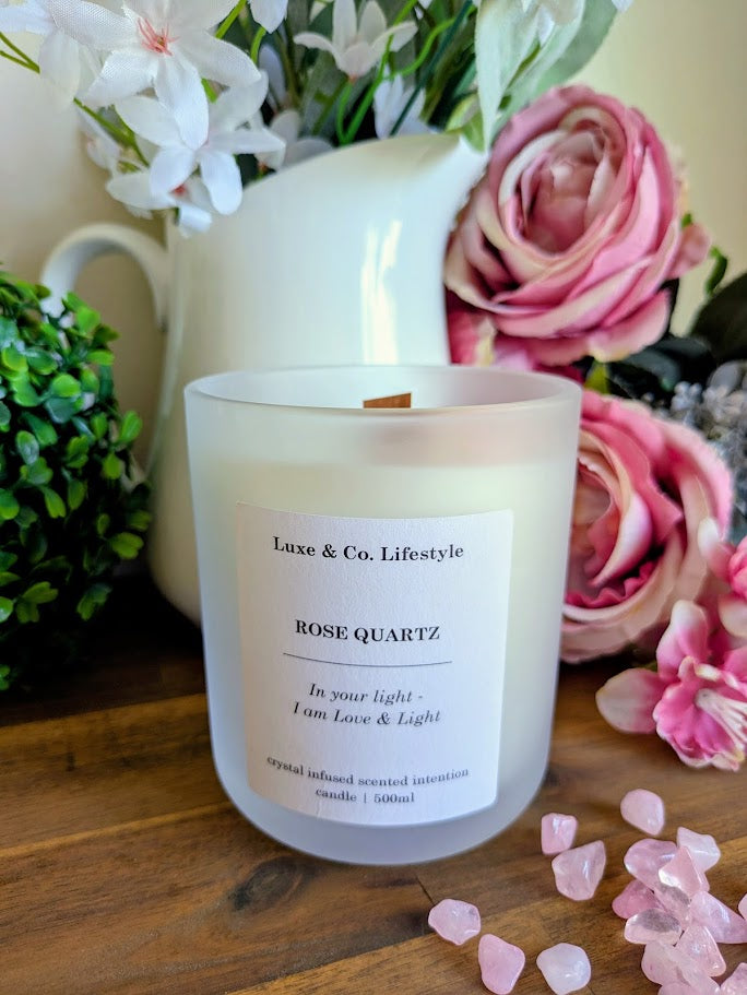 ROSE QUARTZ Crystal Infused Intention Candle - Love & Light