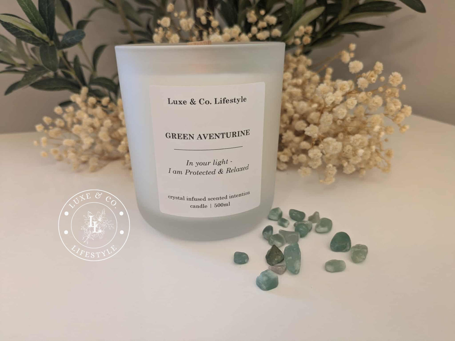 GREEN AVENTURINE Crystal Infused Intention Candle - Protected & Relaxed