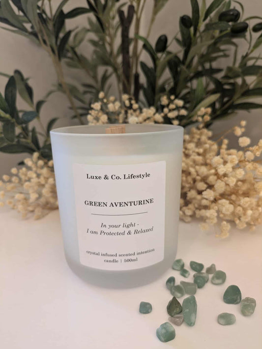 GREEN AVENTURINE Crystal Infused Intention Candle - Protected & Relaxed