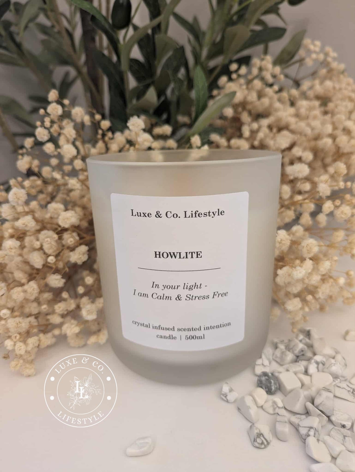 HOWLITE Crystal Infused Intention Candle - Calm & Stress Free
