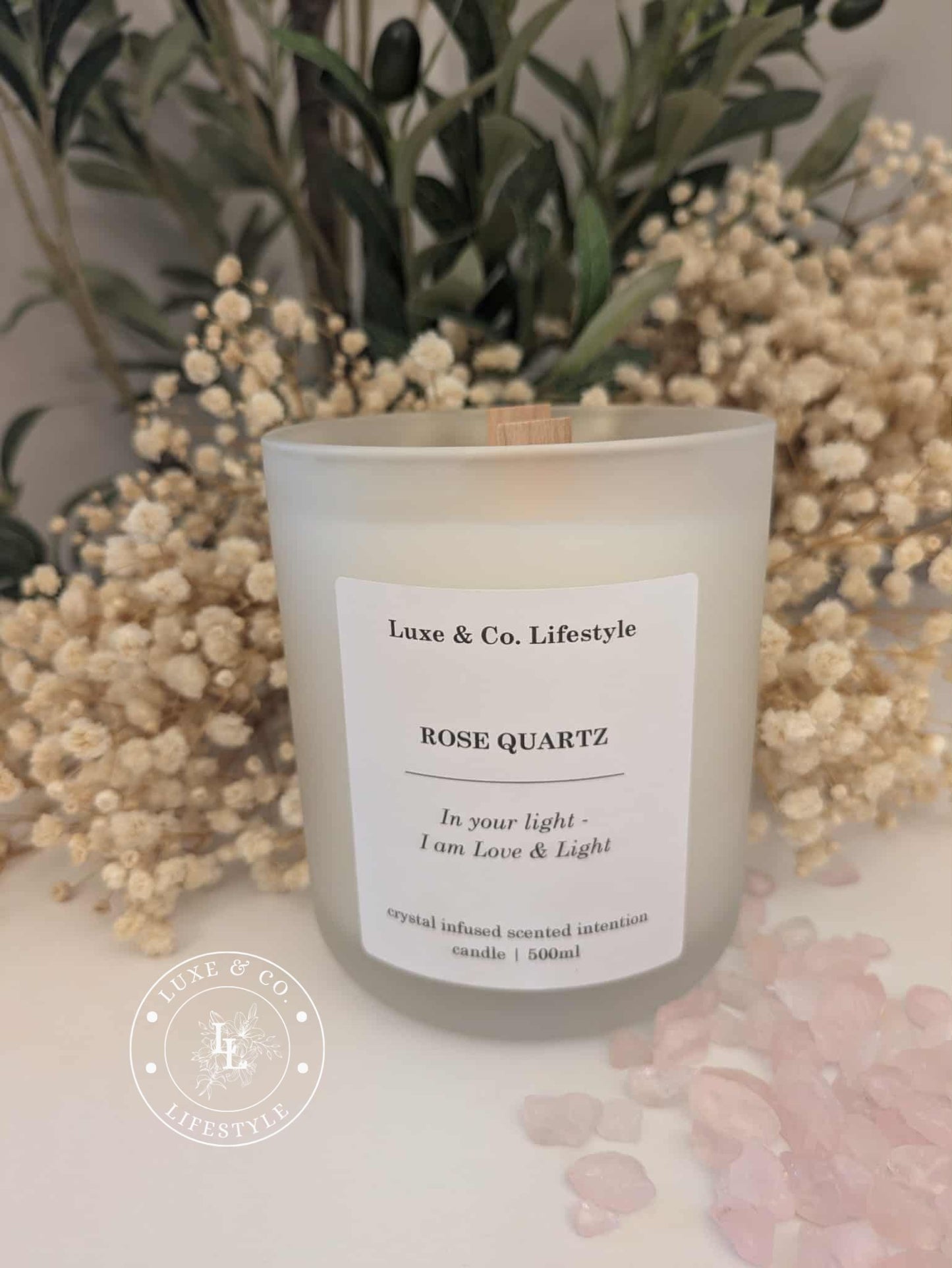 ROSE QUARTZ Crystal Infused Intention Candle - Love & Light