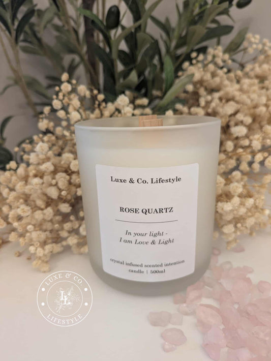 ROSE QUARTZ Crystal Infused Intention Candle - Love & Light