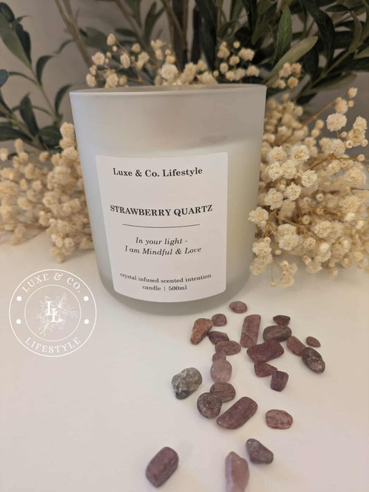 STRAWBERRY QUARTZ Crystal Infused Intention Candle - Mindful & Love