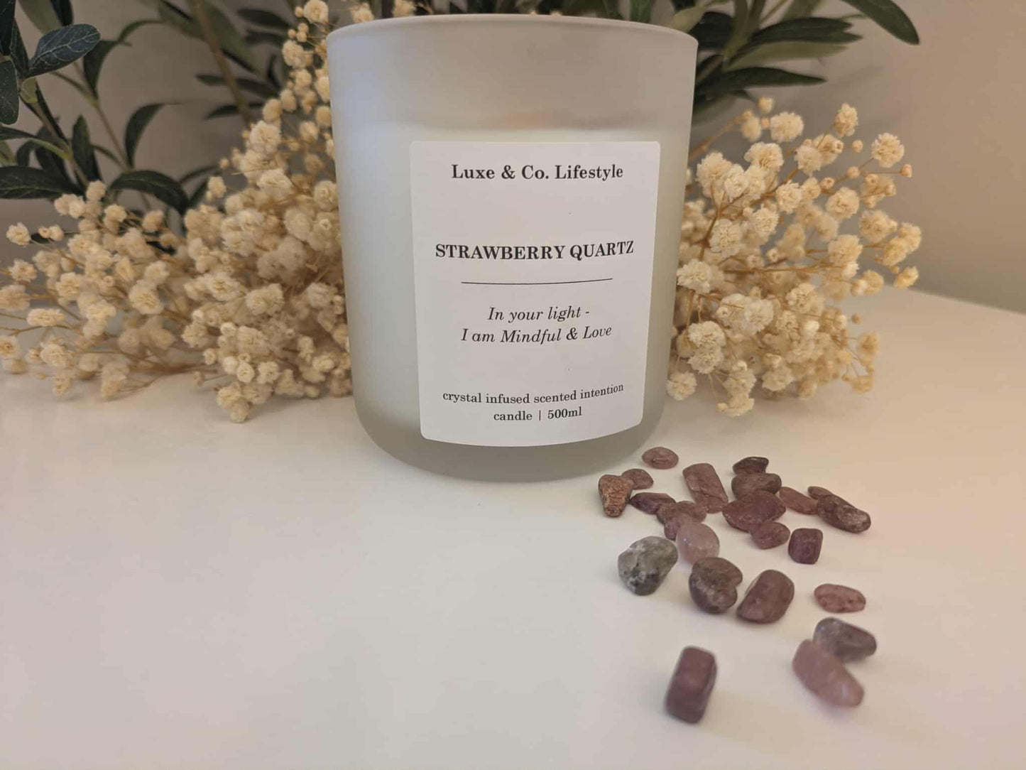 STRAWBERRY QUARTZ Crystal Infused Intention Candle - Mindful & Love