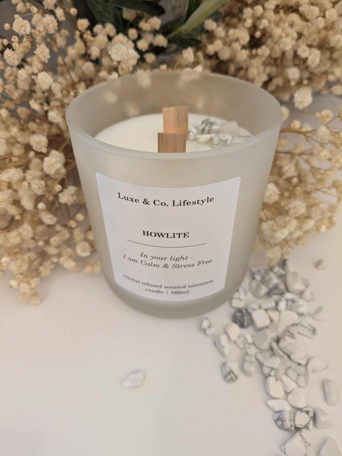 HOWLITE Crystal Infused Intention Candle - Calm & Stress Free