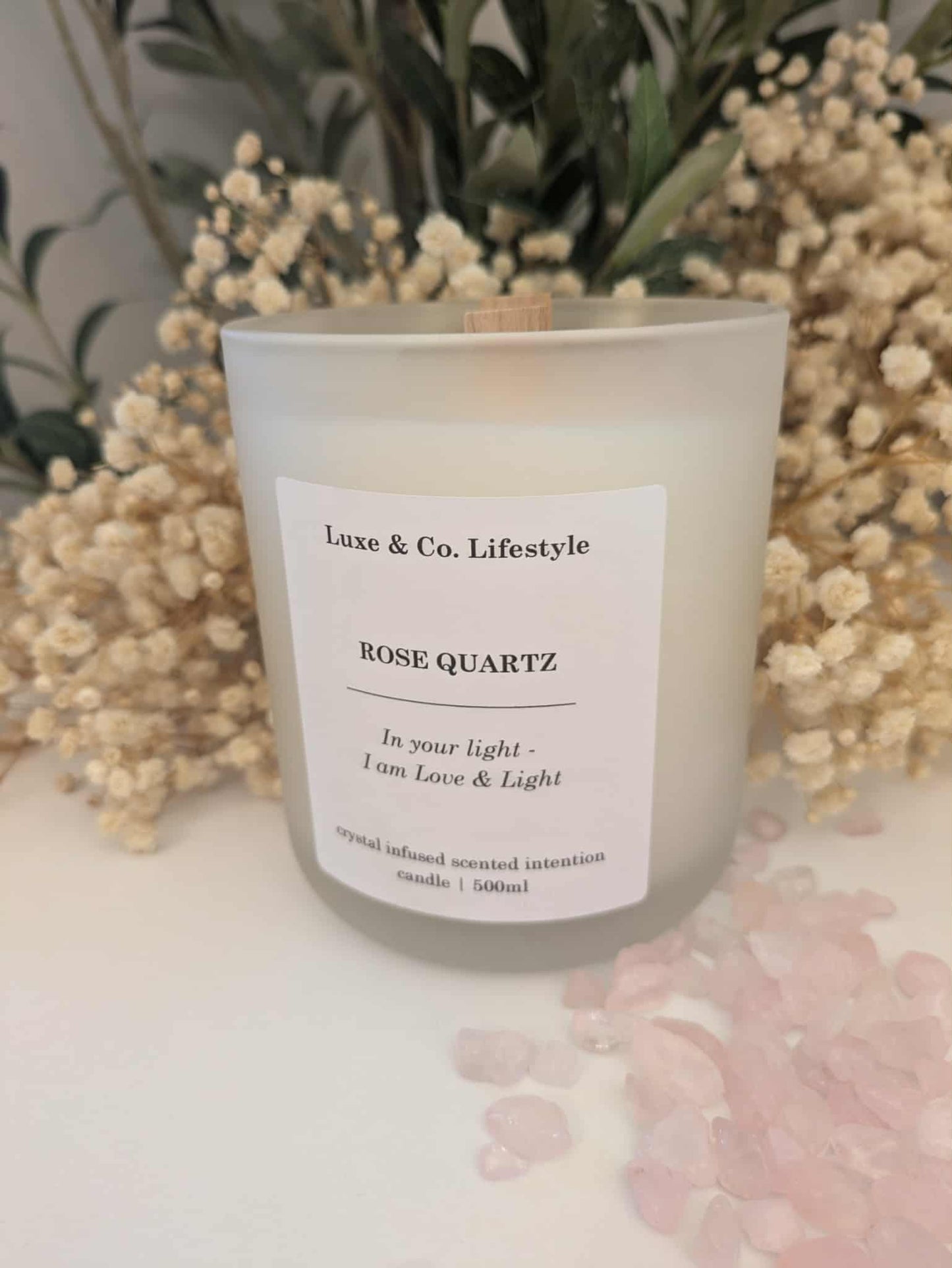 ROSE QUARTZ Crystal Infused Intention Candle - Love & Light