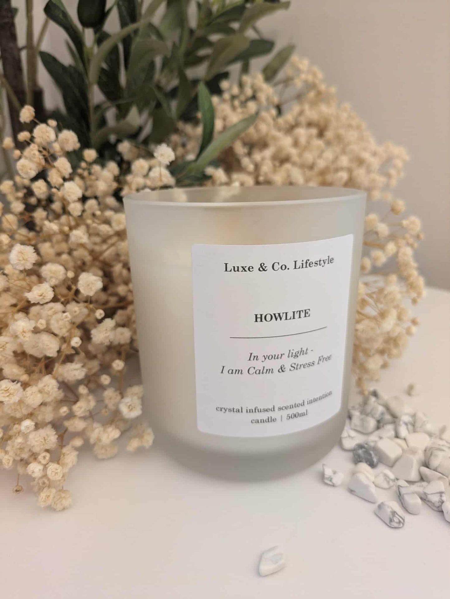 HOWLITE Crystal Infused Intention Candle - Calm & Stress Free