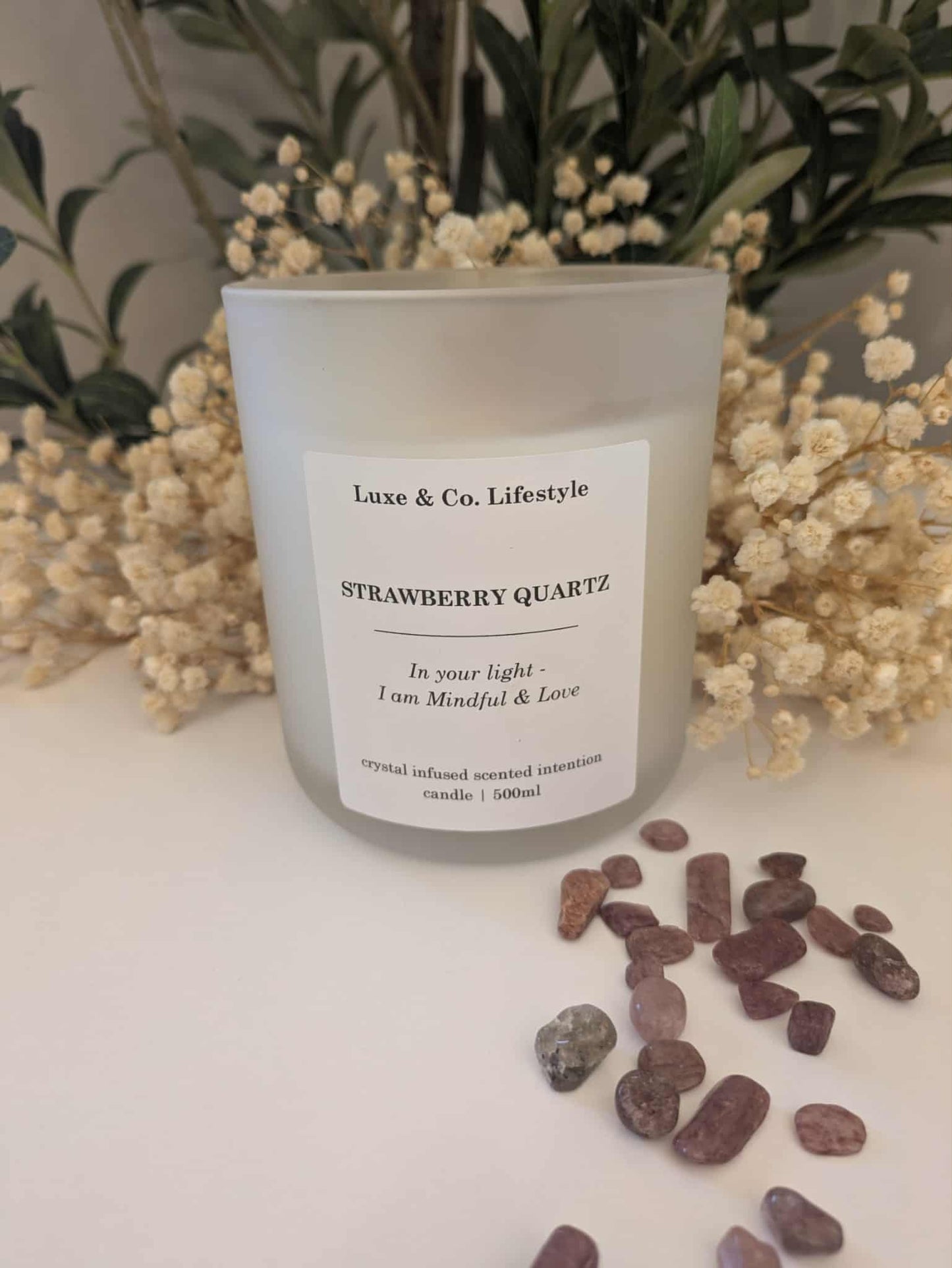 STRAWBERRY QUARTZ Crystal Infused Intention Candle - Mindful & Love