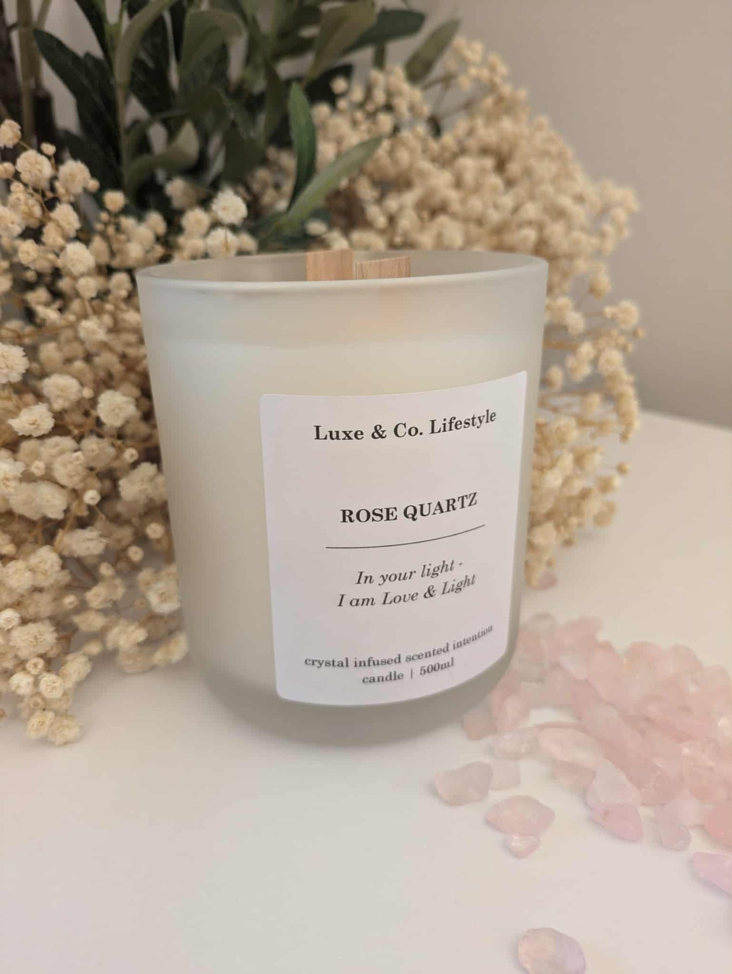 ROSE QUARTZ Crystal Infused Intention Candle - Love & Light