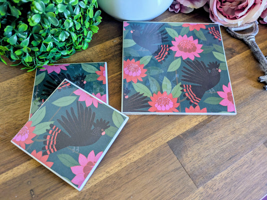 Hand Crafted Ceramic Coaster - Australian Birds Single Medium Size (b)
