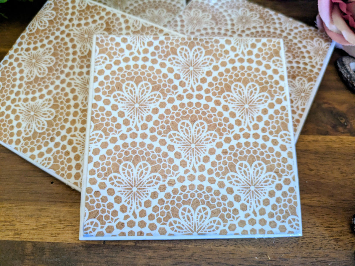 Hand Crafted Ceramic Coaster - Shabby White Lace Pattern Set of 4x