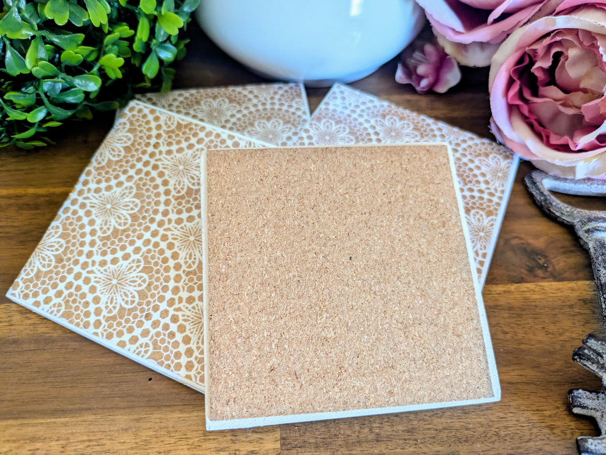 Hand Crafted Ceramic Coaster - Shabby White Lace Pattern Set of 4x