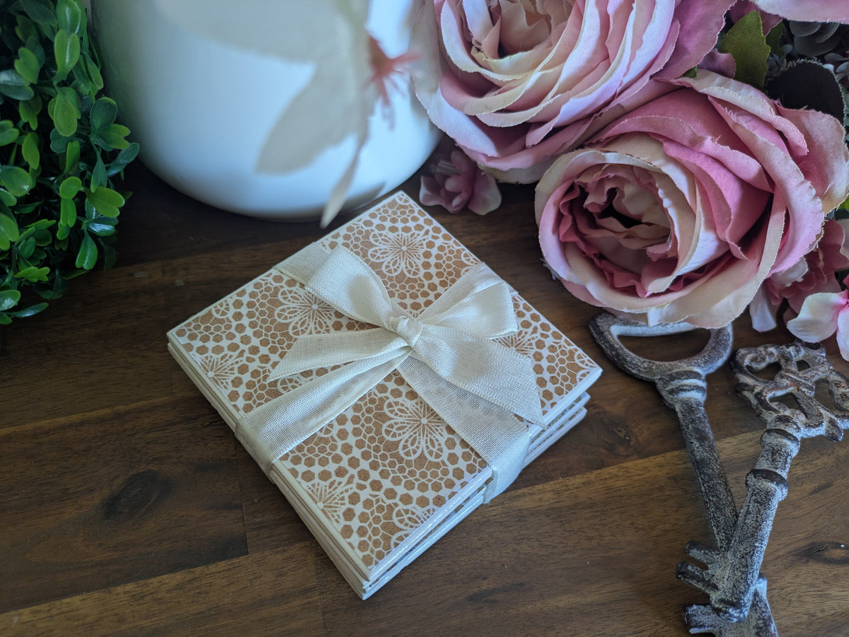 Hand Crafted Ceramic Coaster - Shabby White Lace Pattern Set of 4x