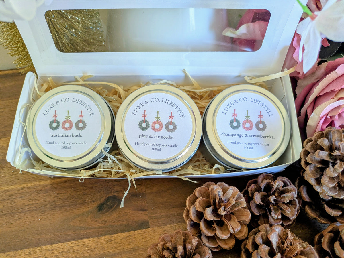 Limited Edition Christmas Scented Soy Wax Tin Candle Set 3x - Australiana