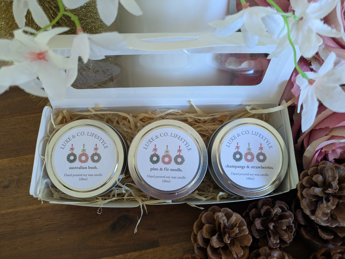 Limited Edition Christmas Scented Soy Wax Tin Candle Set 3x - Australiana