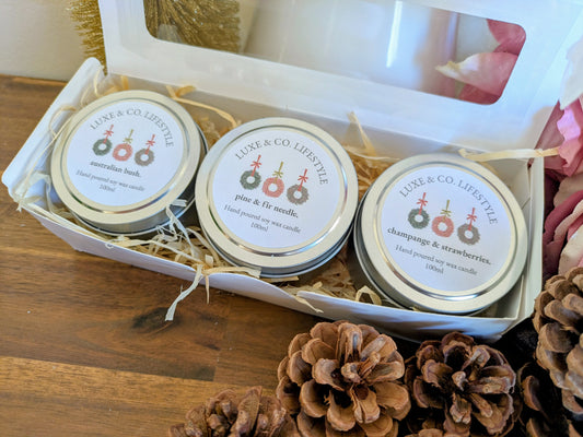 Limited Edition Christmas Scented Soy Wax Tin Candle Set 3x - Australiana