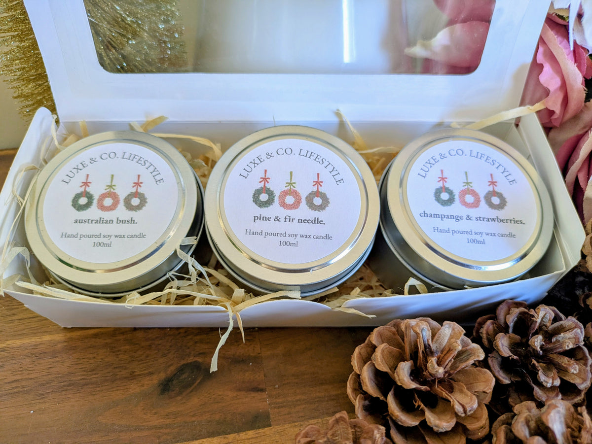 Limited Edition Christmas Scented Soy Wax Tin Candle Set 3x - Australiana