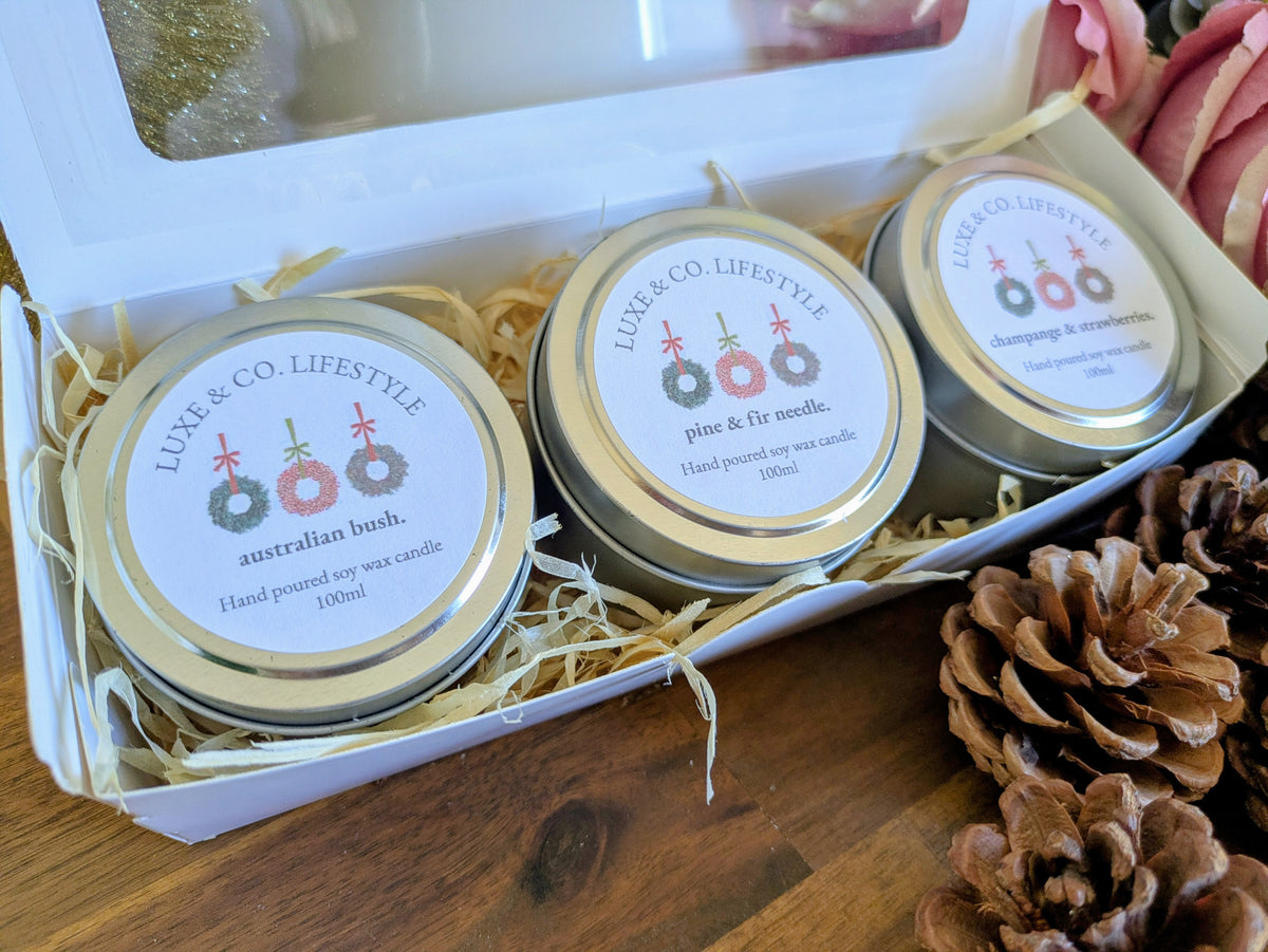 Limited Edition Christmas Scented Soy Wax Tin Candle Set 3x - Australiana