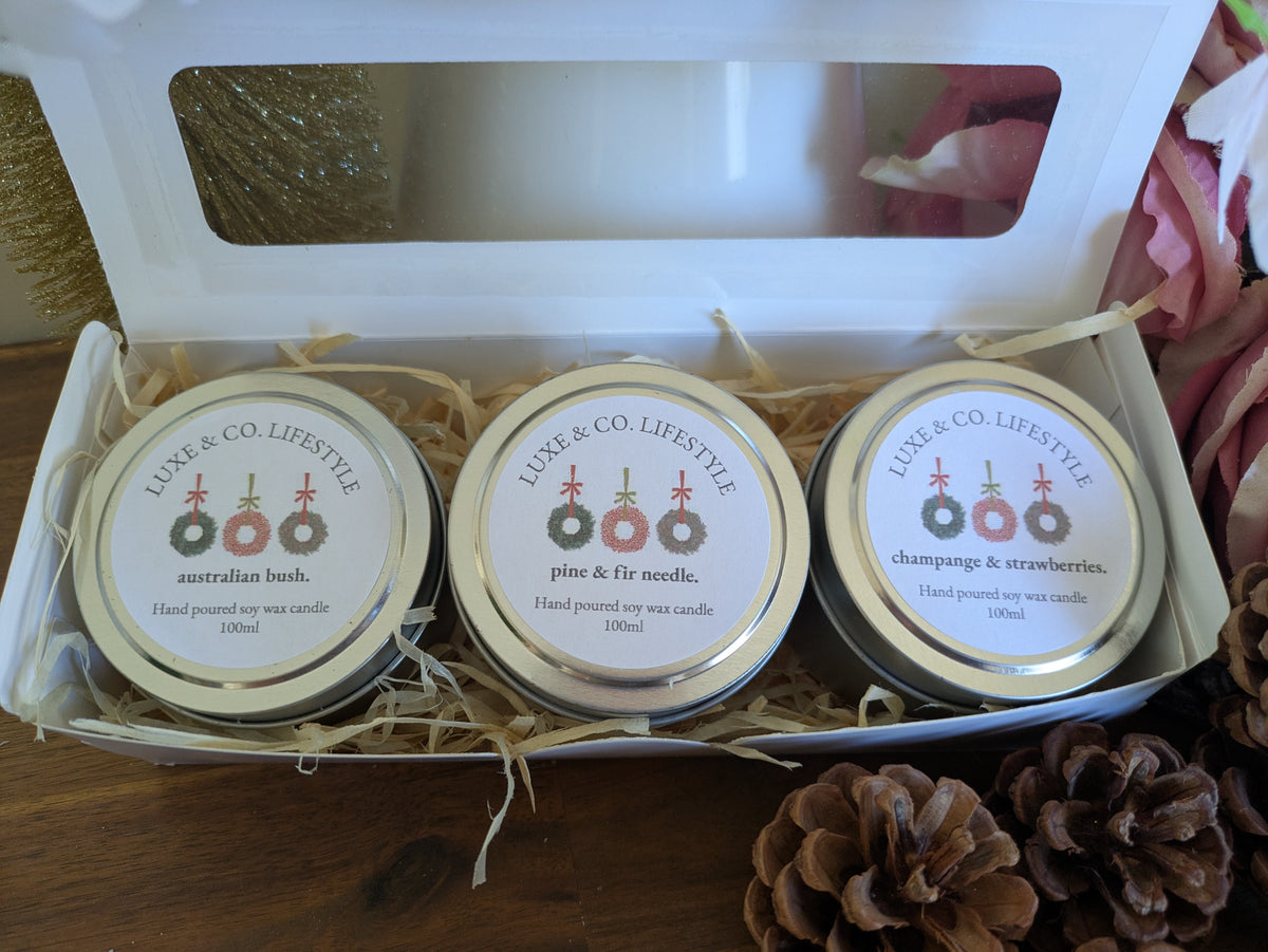 Limited Edition Christmas Scented Soy Wax Tin Candle Set 3x - Australiana