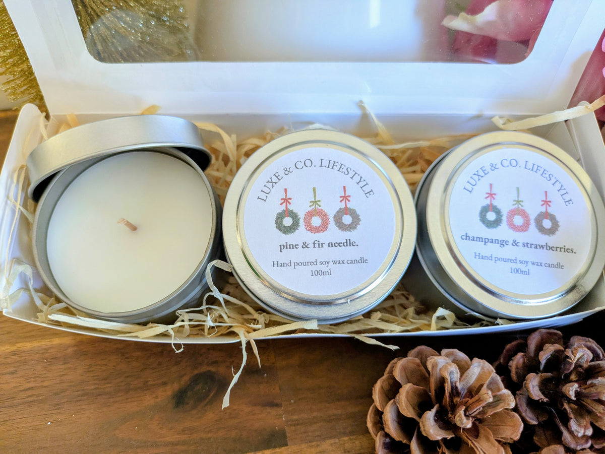 Limited Edition Christmas Scented Soy Wax Tin Candle Set 3x - Australiana