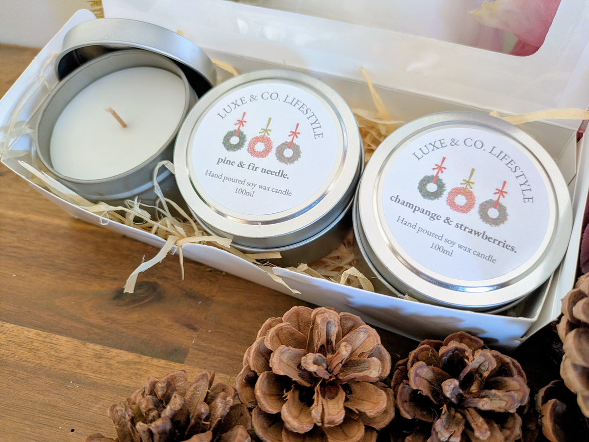 Limited Edition Christmas Scented Soy Wax Tin Candle Set 3x - Australiana