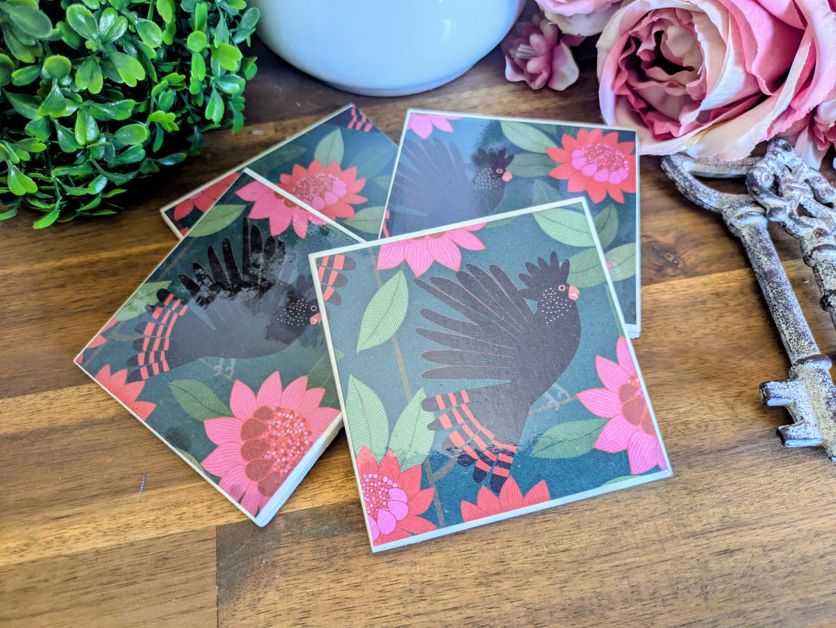 Hand Crafted Ceramic Coaster - Australian Birds Set of 4x (a)