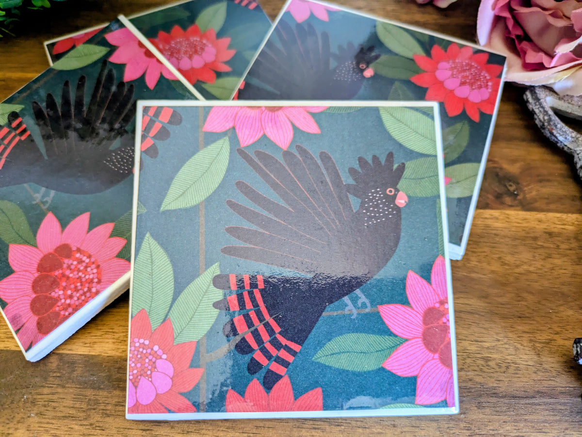 Hand Crafted Ceramic Coaster - Australian Birds Set of 4x (a)
