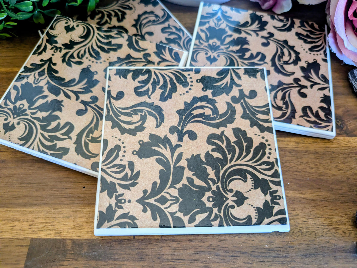 Hand Crafted Ceramic Coaster - Large Black Floral Pattern Set of 4x