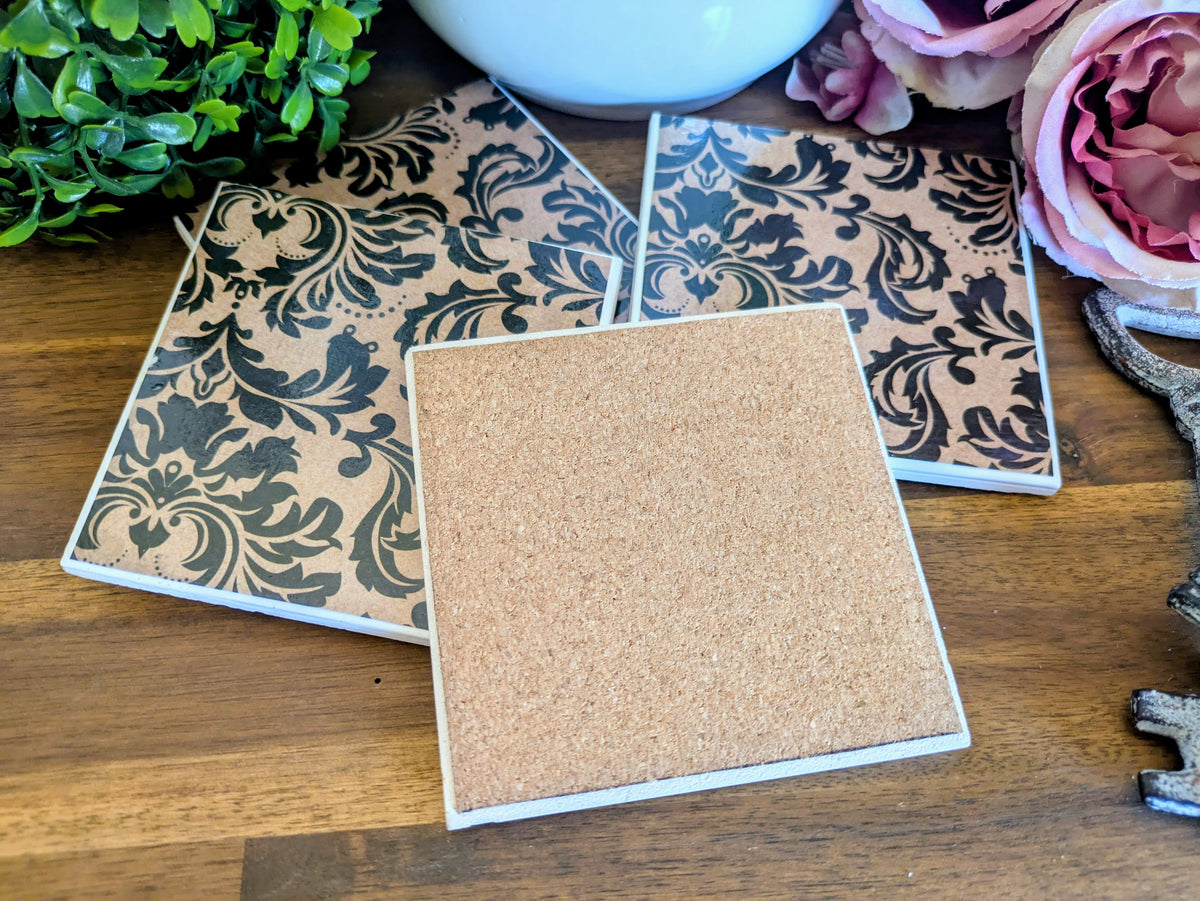 Hand Crafted Ceramic Coaster - Large Black Floral Pattern Set of 4x