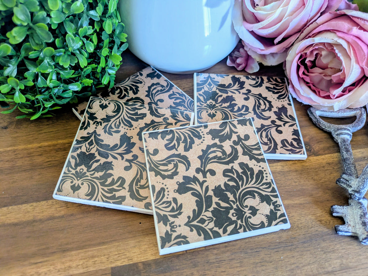 Hand Crafted Ceramic Coaster - Large Black Floral Pattern Set of 4x