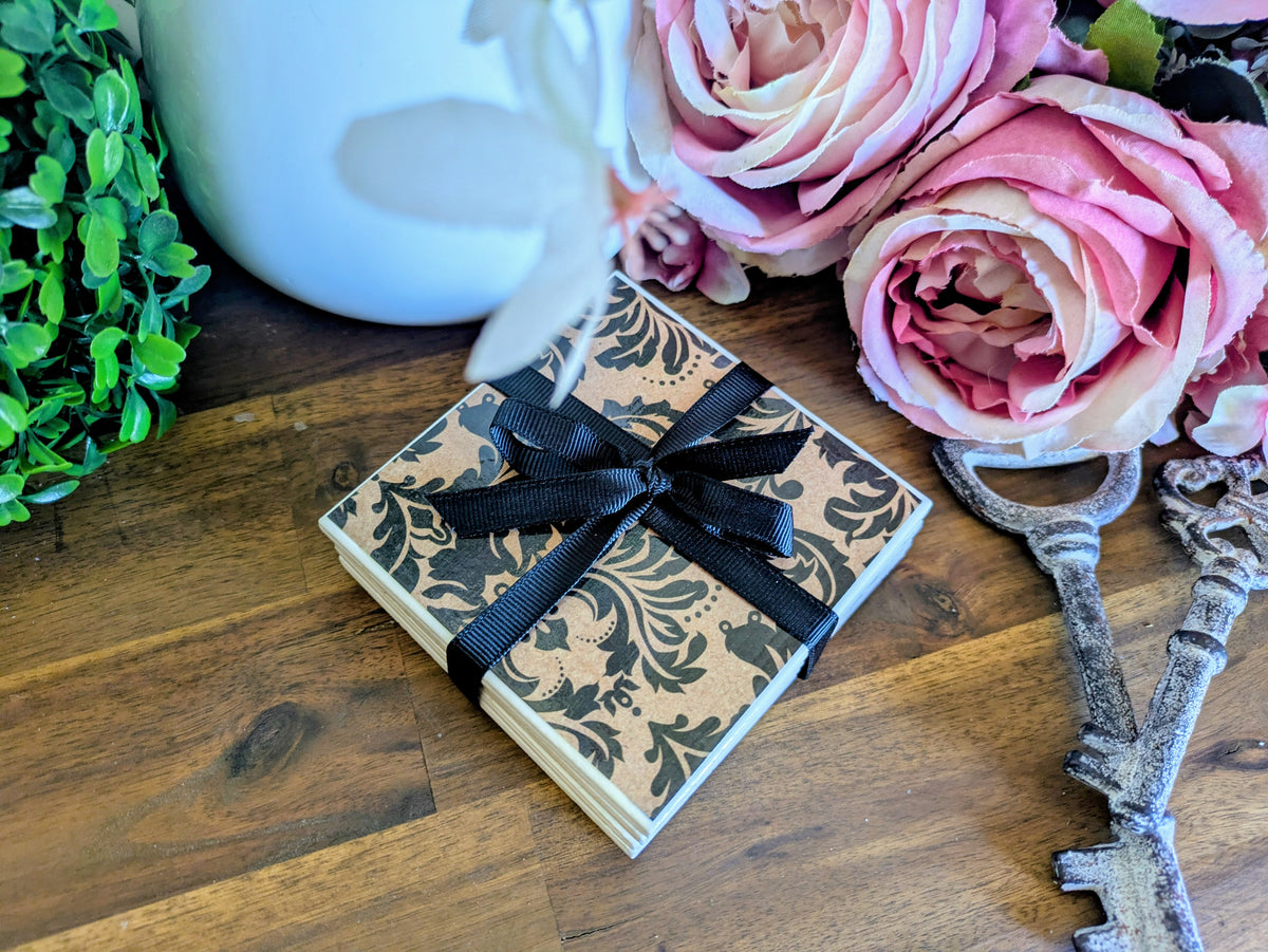 Hand Crafted Ceramic Coaster - Large Black Floral Pattern Set of 4x