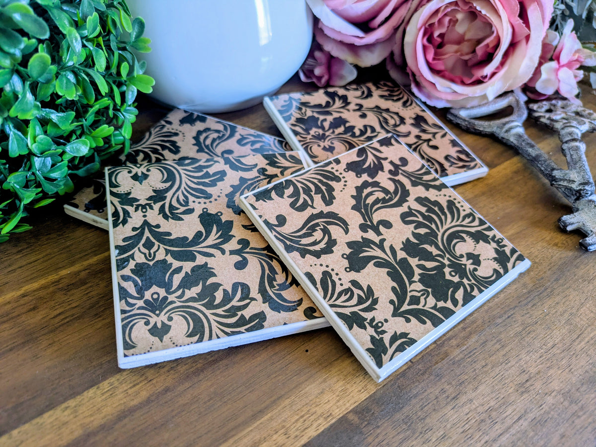 Hand Crafted Ceramic Coaster - Large Black Floral Pattern Set of 4x