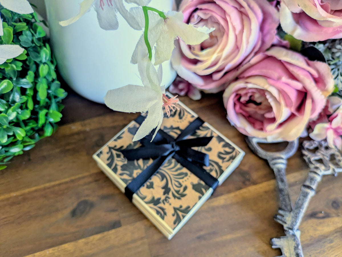 Hand Crafted Ceramic Coaster - Large Black Floral Pattern Set of 4x