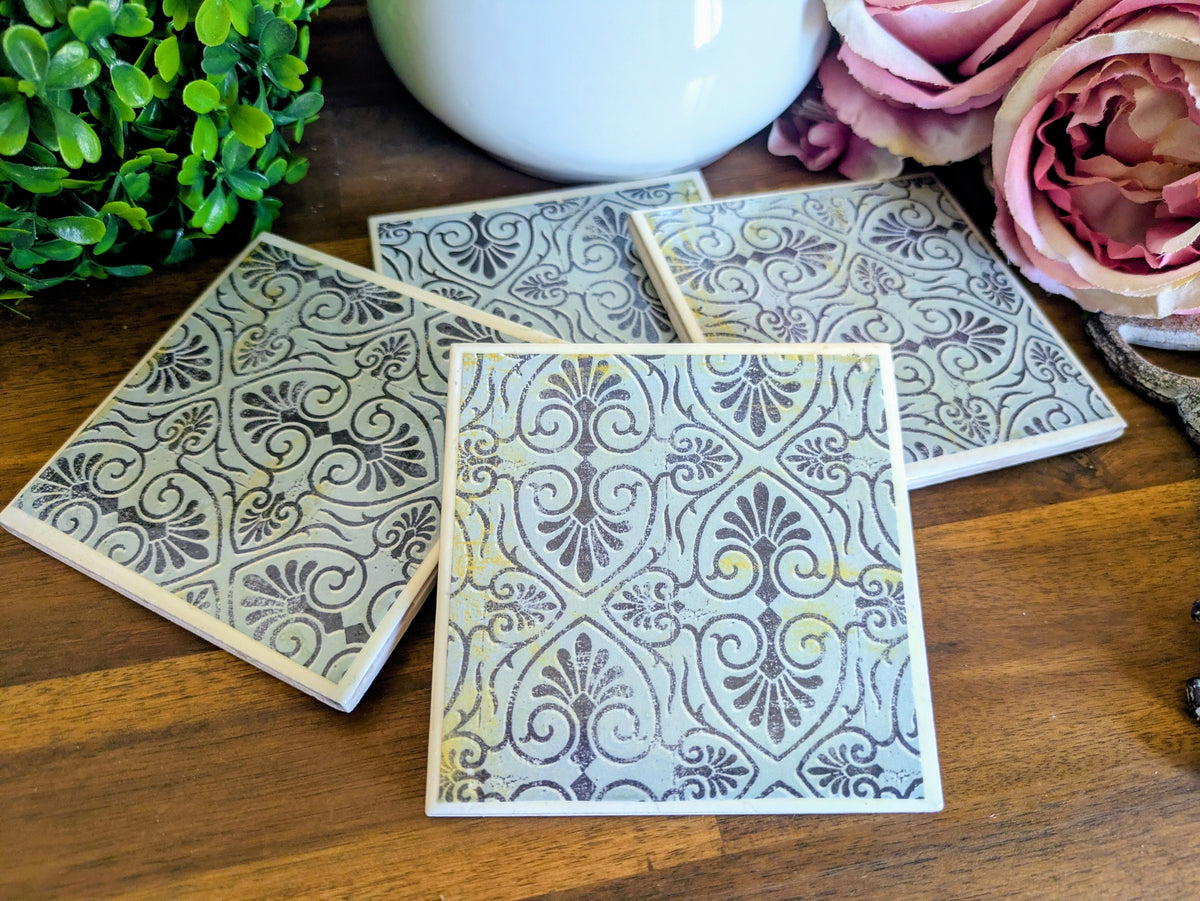 Hand Crafted Ceramic Coaster - Vintage Blue Paisley Pattern Set of 4x