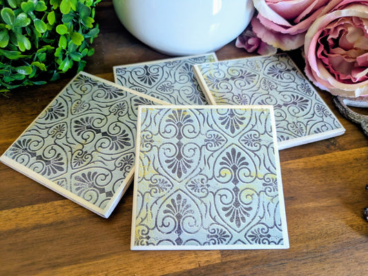 Hand Crafted Ceramic Coaster - Vintage Blue Paisley Pattern Set of 4x