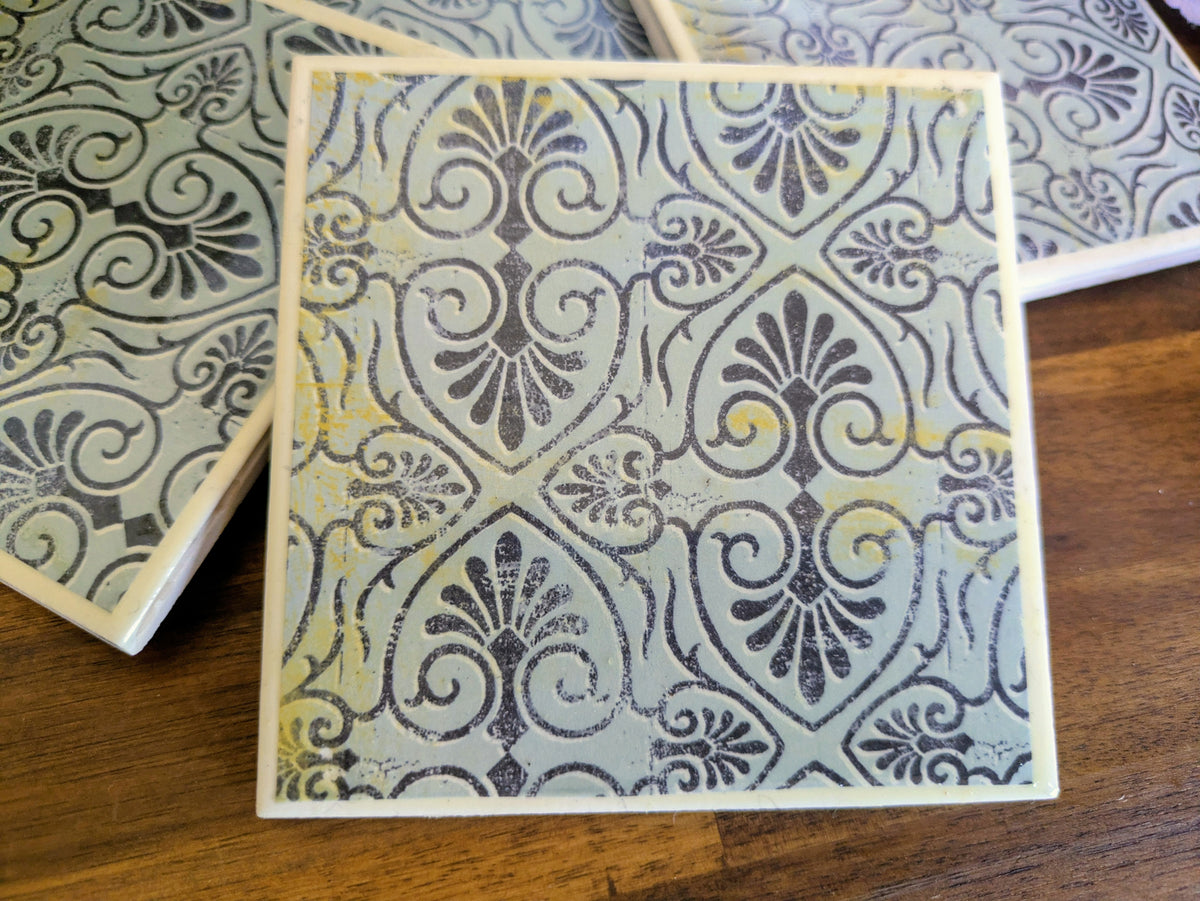 Hand Crafted Ceramic Coaster - Vintage Blue Paisley Pattern Set of 4x