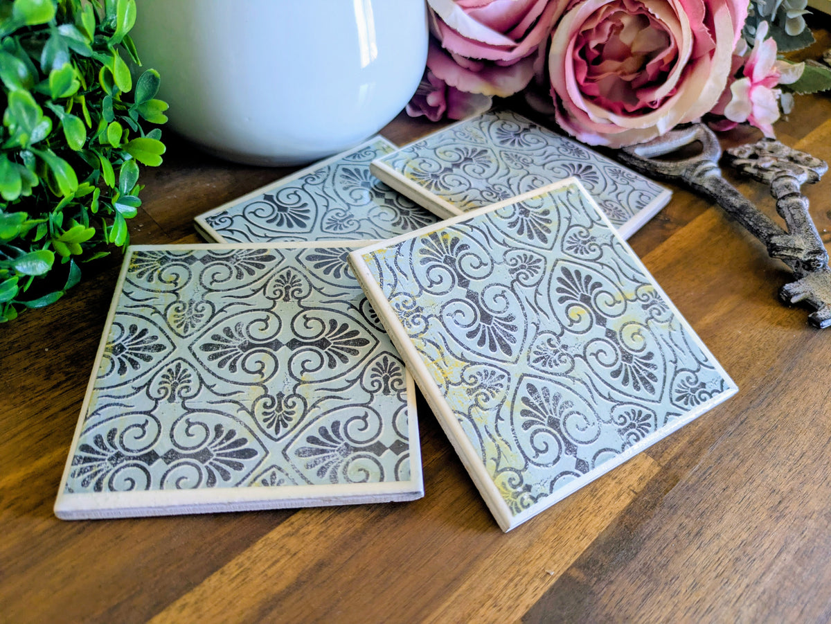 Hand Crafted Ceramic Coaster - Vintage Blue Paisley Pattern Set of 4x