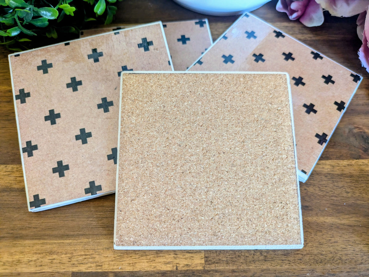 Hand Crafted Ceramic Coaster - Vintage Black Crosses Pattern Set of 4x