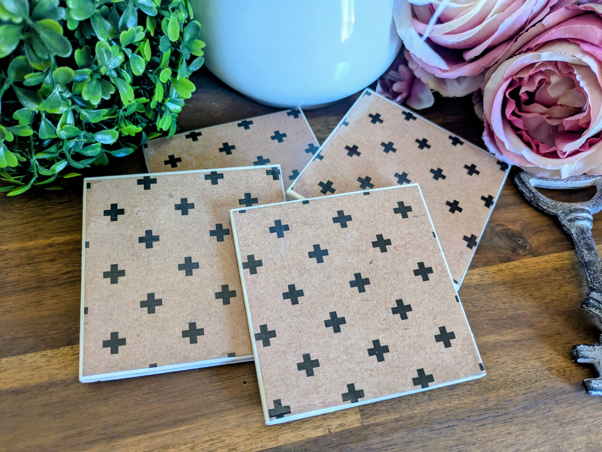 Hand Crafted Ceramic Coaster - Vintage Black Crosses Pattern Set of 4x