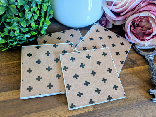 Hand Crafted Ceramic Coaster - Vintage Black Crosses Pattern Set of 4x