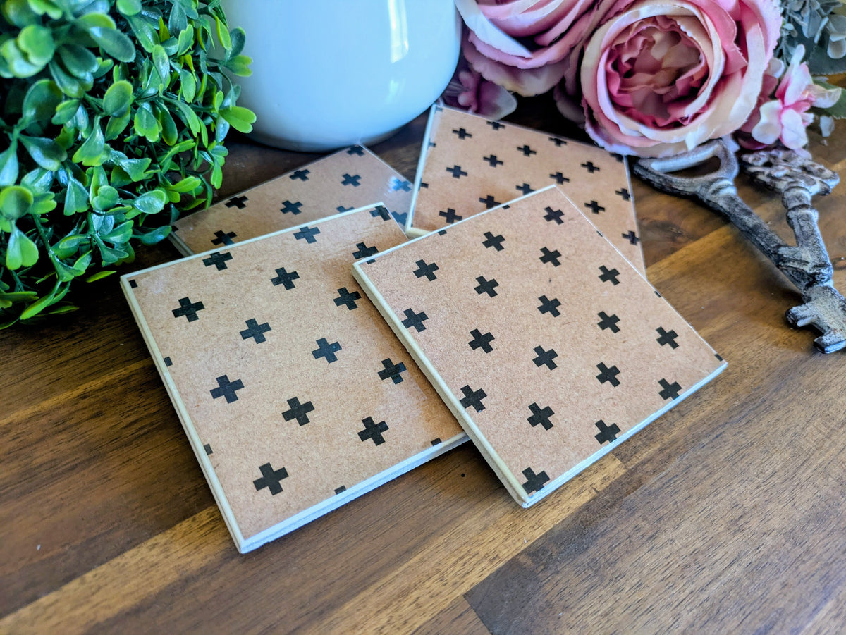 Hand Crafted Ceramic Coaster - Vintage Black Crosses Pattern Set of 4x