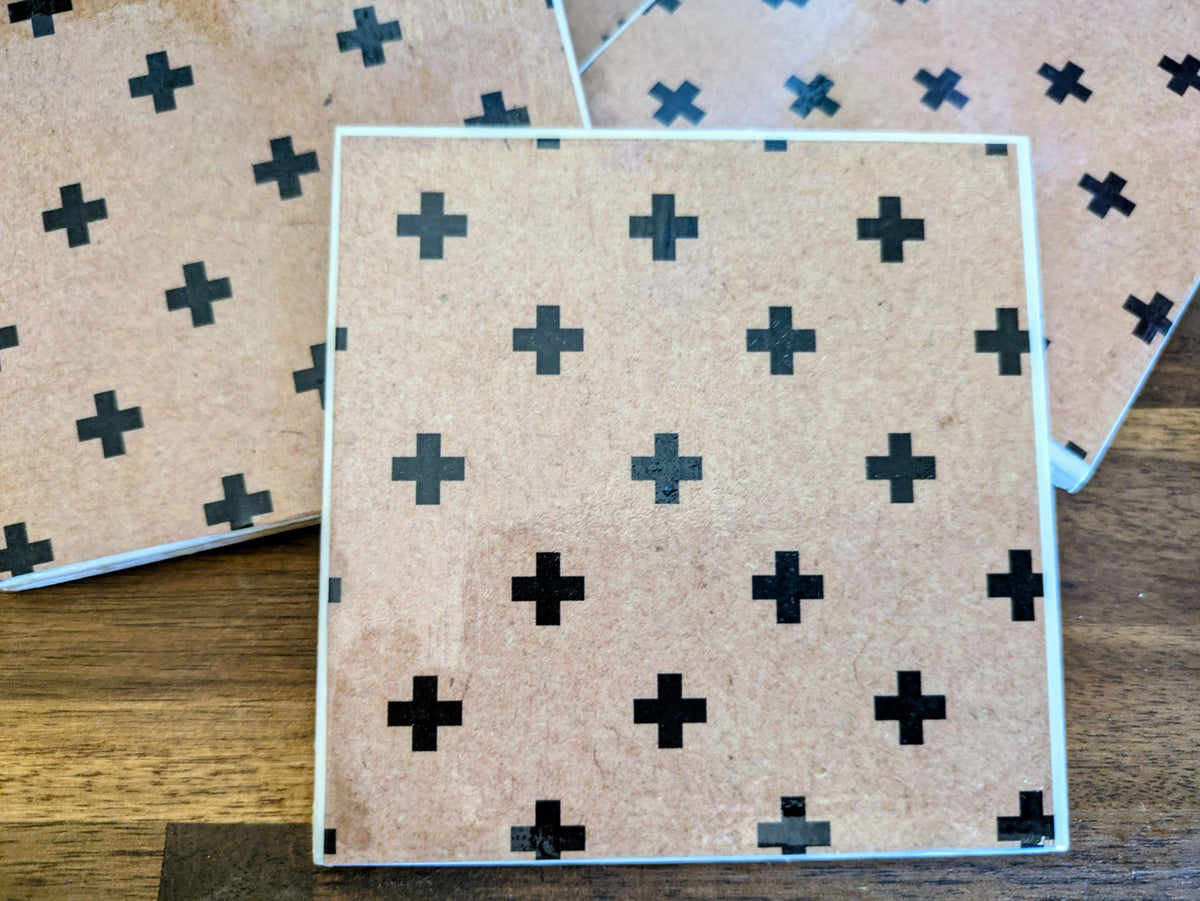 Hand Crafted Ceramic Coaster - Vintage Black Crosses Pattern Set of 4x