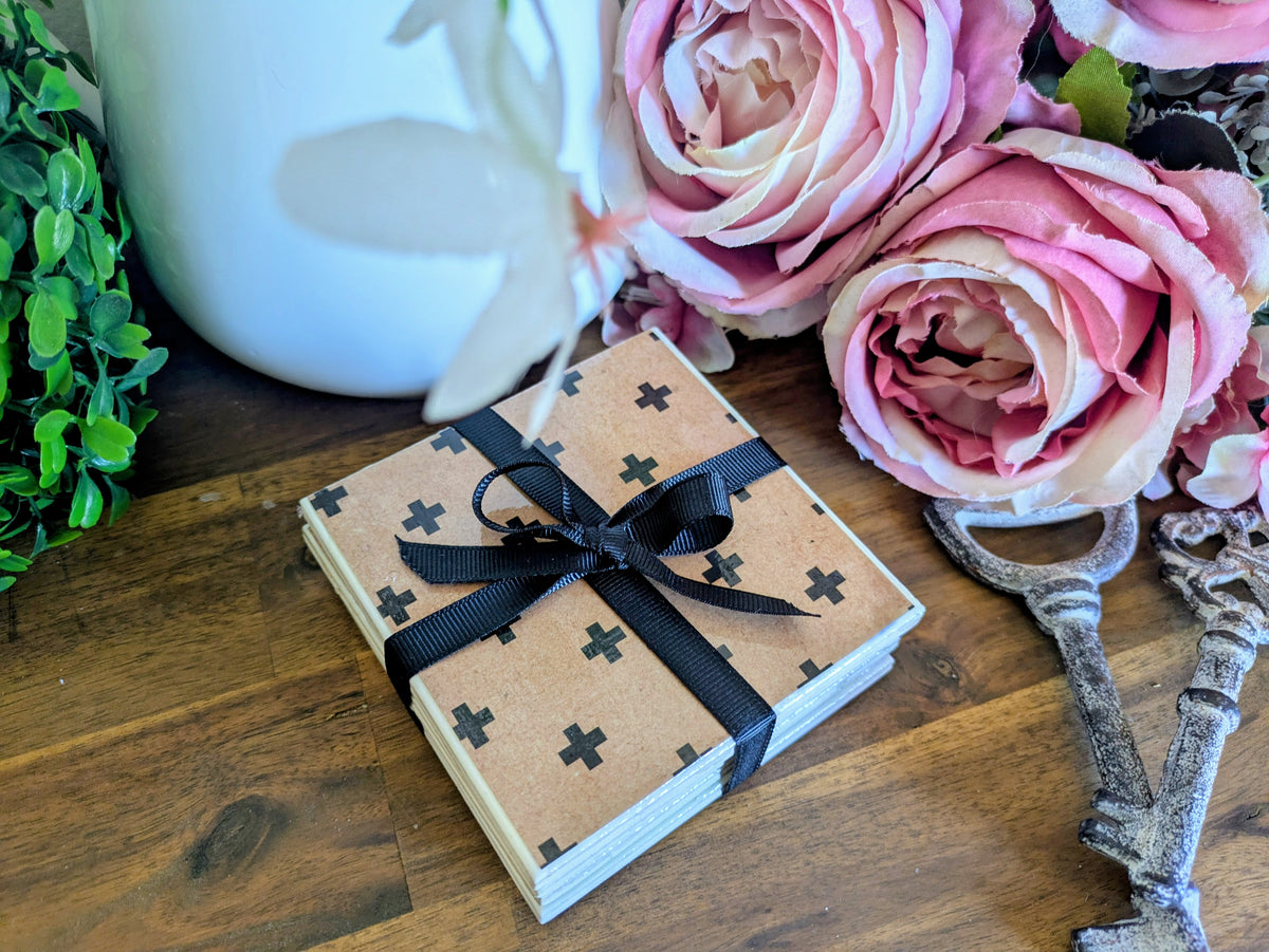 Hand Crafted Ceramic Coaster - Vintage Black Crosses Pattern Set of 4x