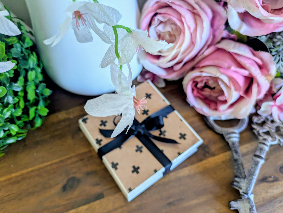 Hand Crafted Ceramic Coaster - Vintage Black Crosses Pattern Set of 4x